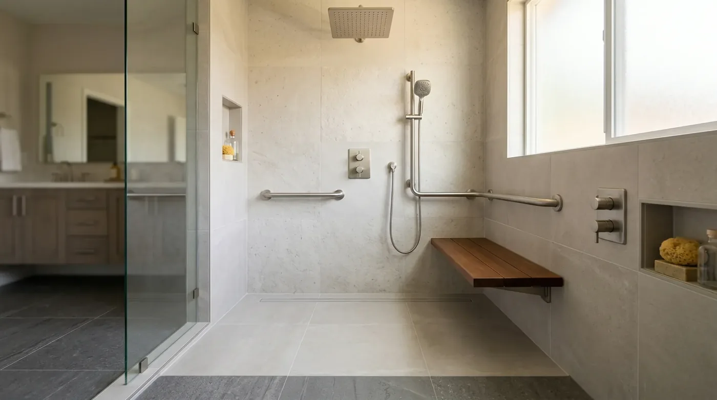 Curbless walk-in shower with a grab bar and fold-down bench for aging in place