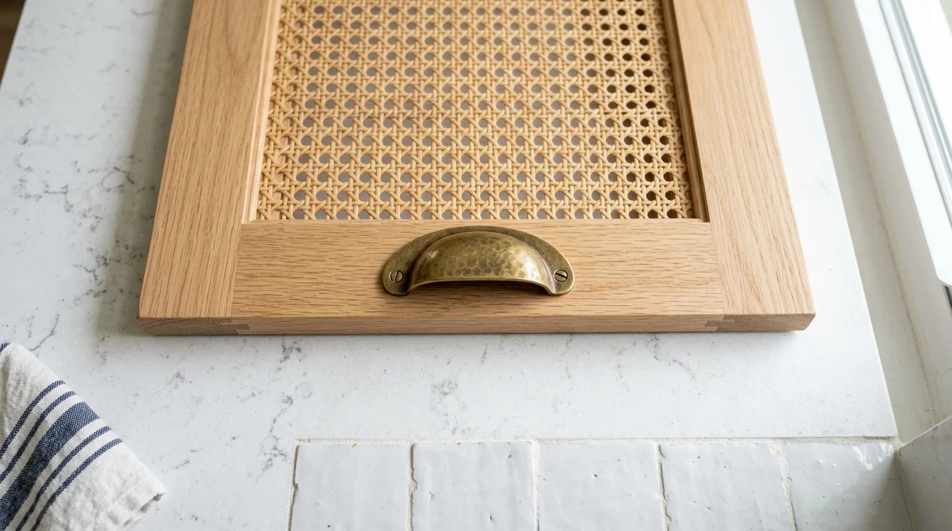 Close-up of slim shaker cabinet door profile in warm white paint finish with brushed brass hardware in a Palm Beach County kitchen