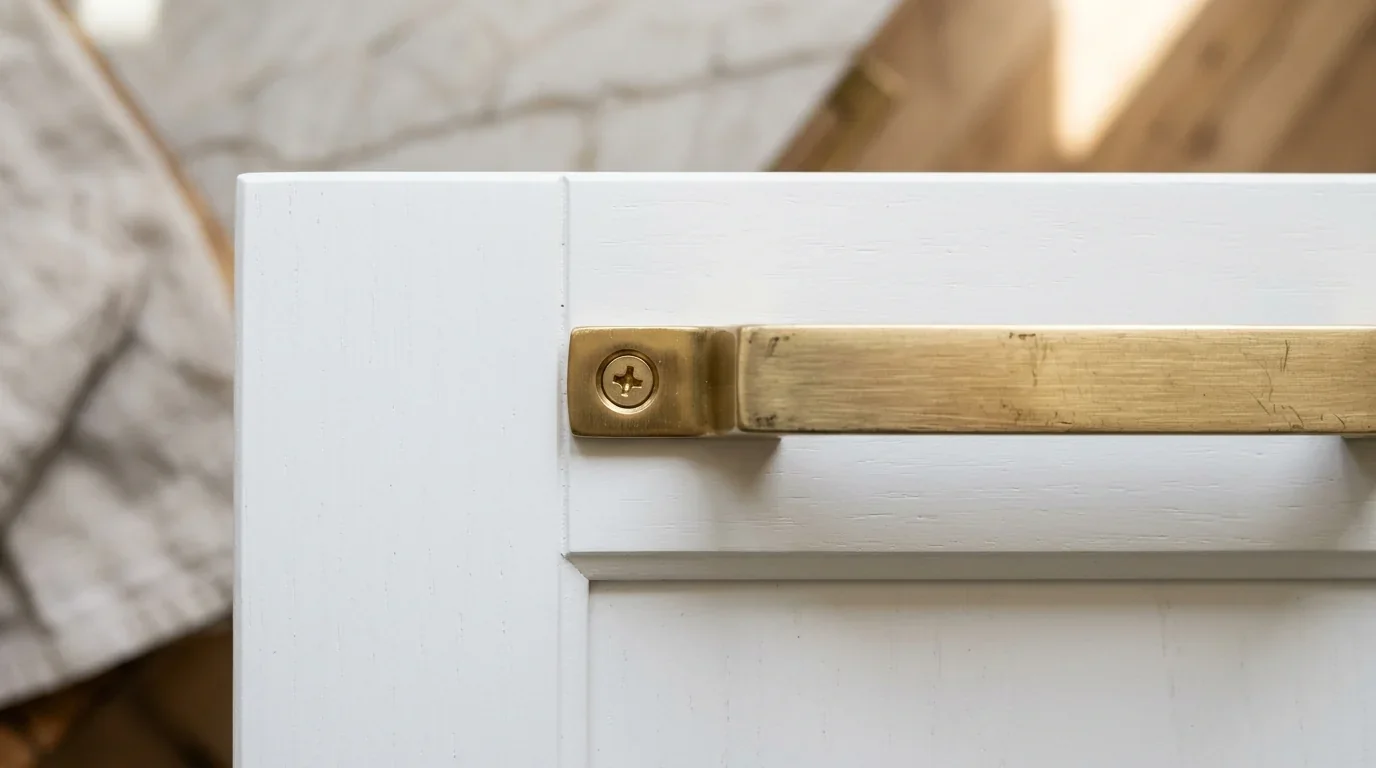 Close-up of brass cabinet pull installed 2.5 inches from the bottom corner of an upper cabinet door