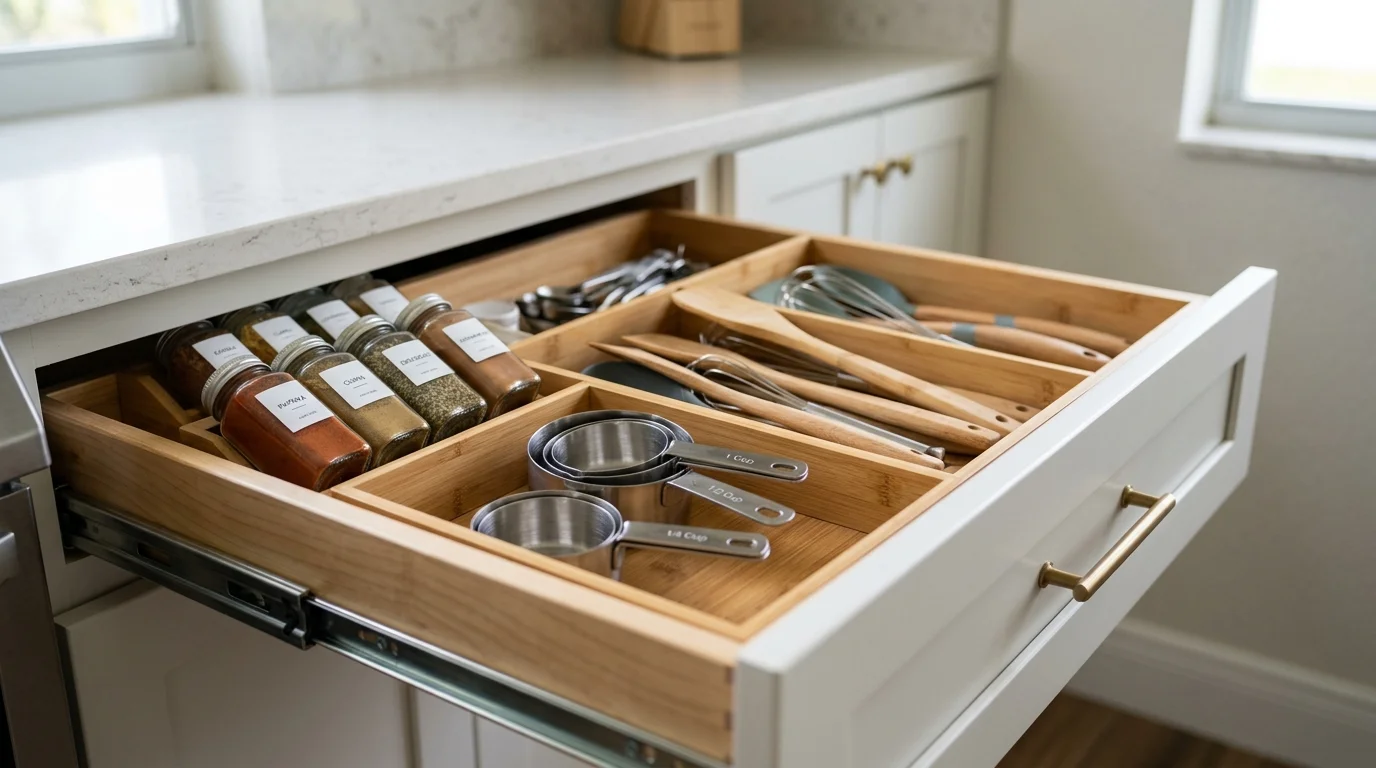 Close-up of custom pull-out cabinet shelves and drawer dividers installed in a Palm Beach County kitchen