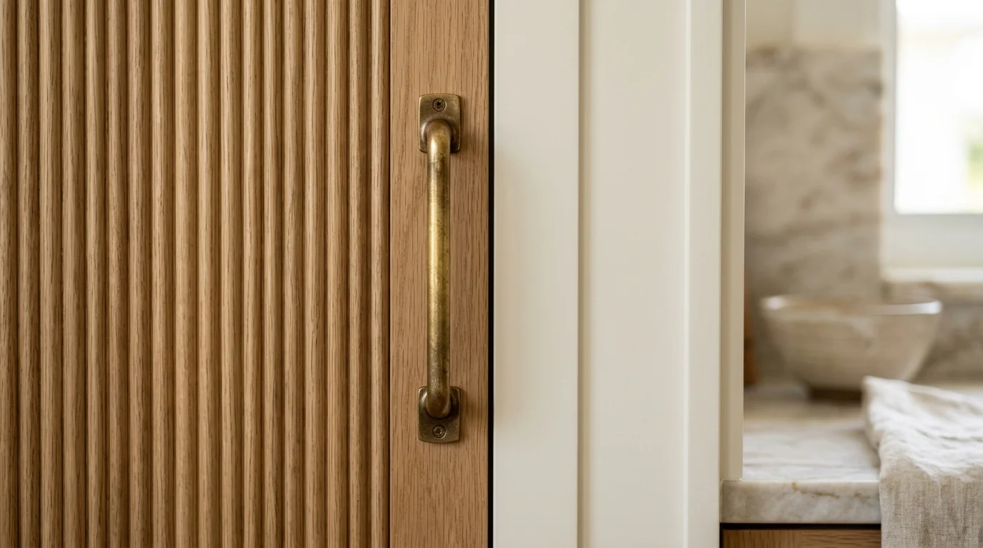 Close-up of fluted cabinet panels and pull-out drawer storage system in contemporary Palm Beach County kitchen