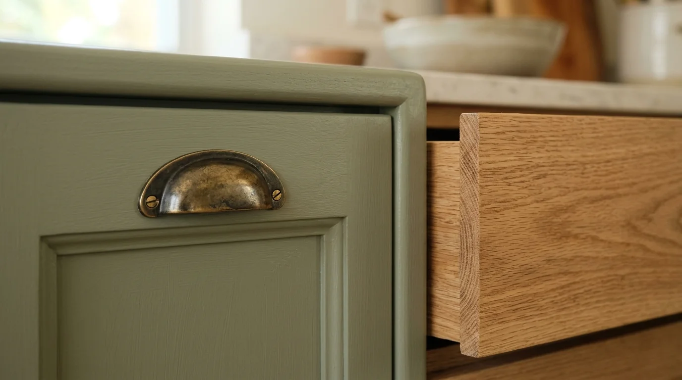 Close-up detail of sage green kitchen island with brass hardware and warm cream upper cabinets in natural wood finish