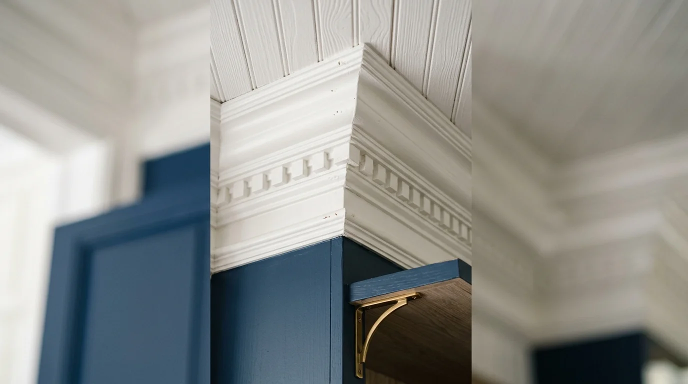 Close-up detail of traditional crown molding trim connecting white kitchen cabinets to ceiling with decorative profile