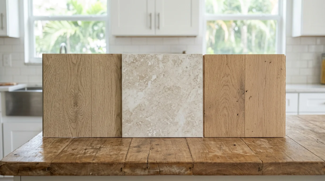 Close-up view of waterproof luxury vinyl plank flooring installation showing realistic wood grain texture in Florida kitchen