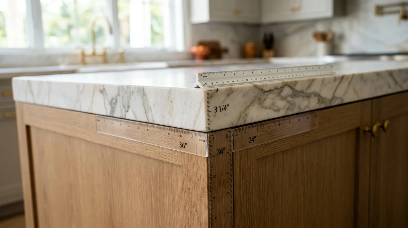 Close-up of kitchen island overhang with bar stools showing seating clearance dimensions in a Boca Raton home