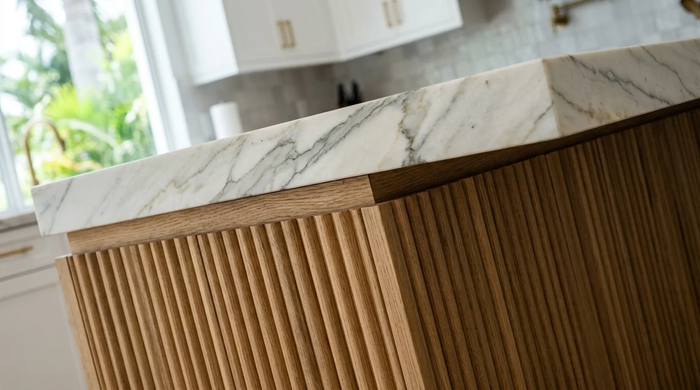Close-up of kitchen island prep sink with coastal blue tile backsplash and brass fixtures in Palm Beach County home