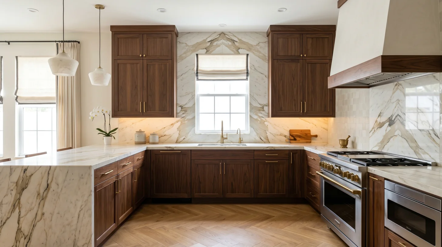 Close-up view of kitchen peninsula with waterfall edge quartz countertop and bar seating in South Florida home