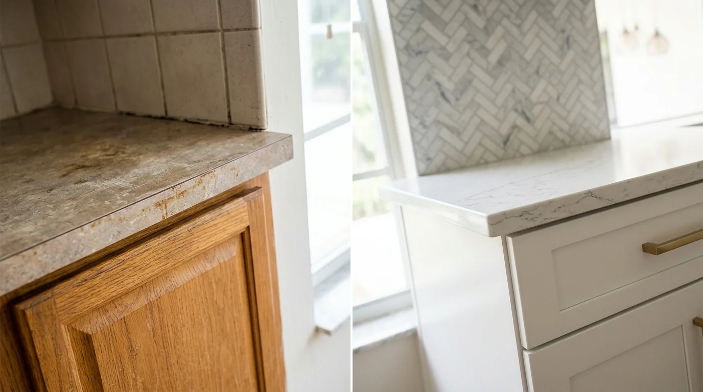 Close-up of new quartz countertop edge and shaker cabinet hardware detail in a South Florida kitchen remodel