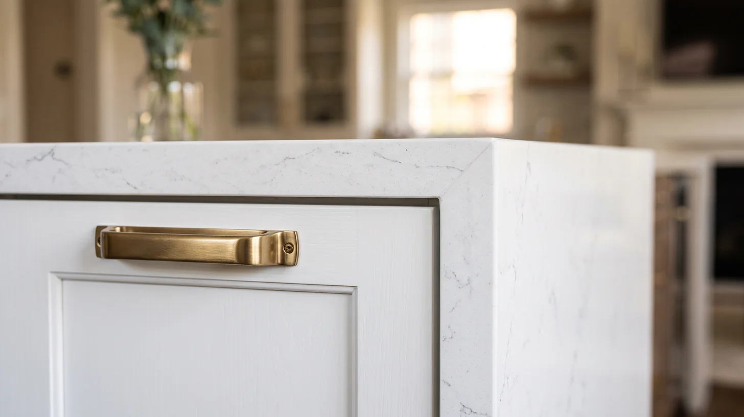 Close-up of quartz countertop edge and custom cabinetry detail in a Boca Raton kitchen remodel