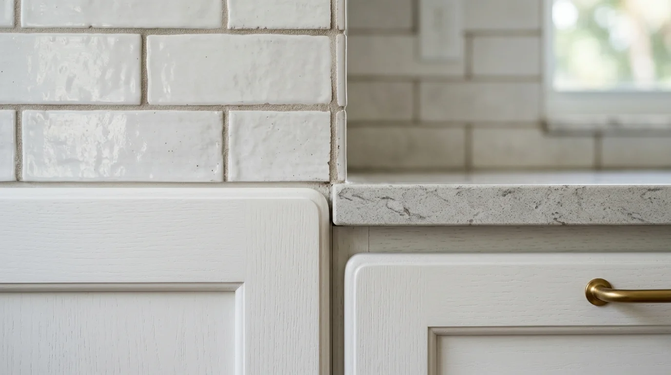 Close-up of quartz countertop edge and cabinet hardware detail in a Boynton Beach kitchen remodel