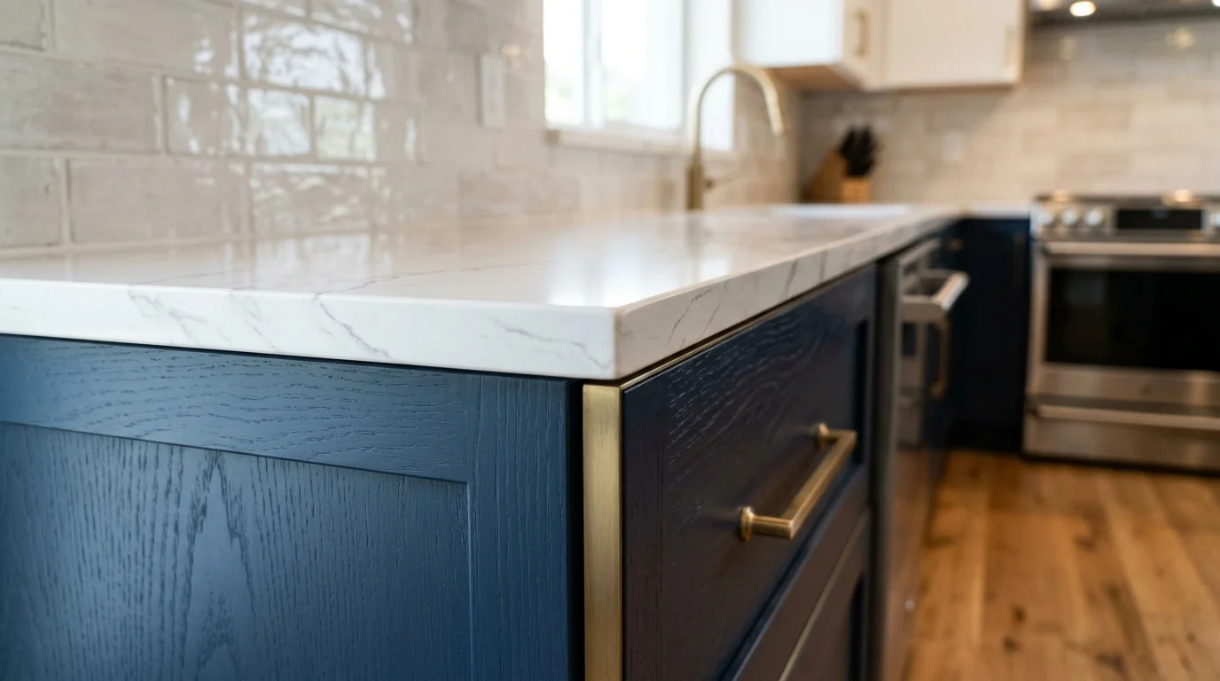 Close-up of quartz countertop edge and custom cabinet detail in a Delray Beach kitchen remodel
