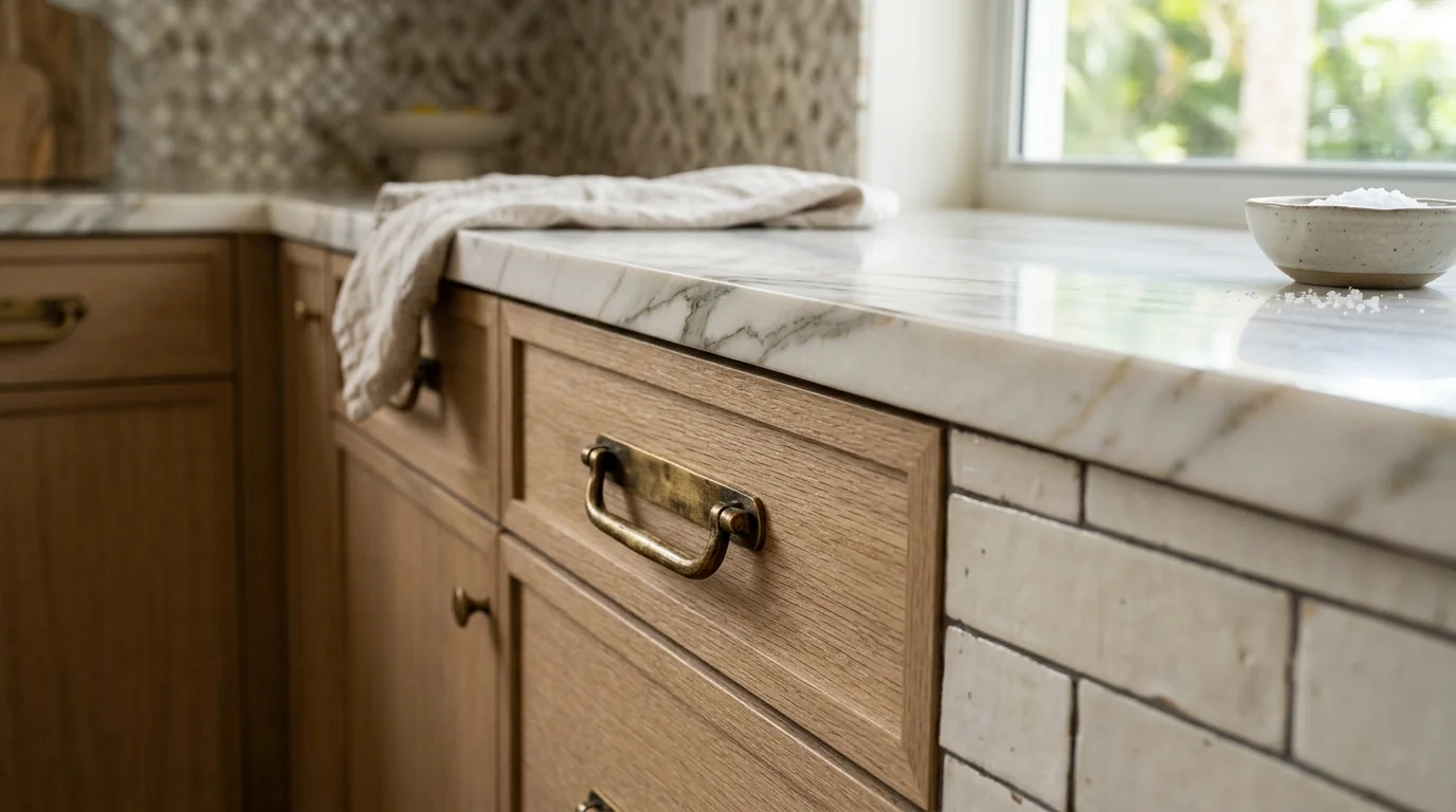 Close-up of quartz countertop and custom cabinetry installation in a Juno Beach kitchen remodel