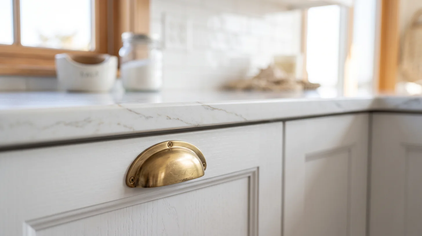 Close-up of quartz countertop edge and custom cabinet hardware in a Jupiter Florida kitchen remodel