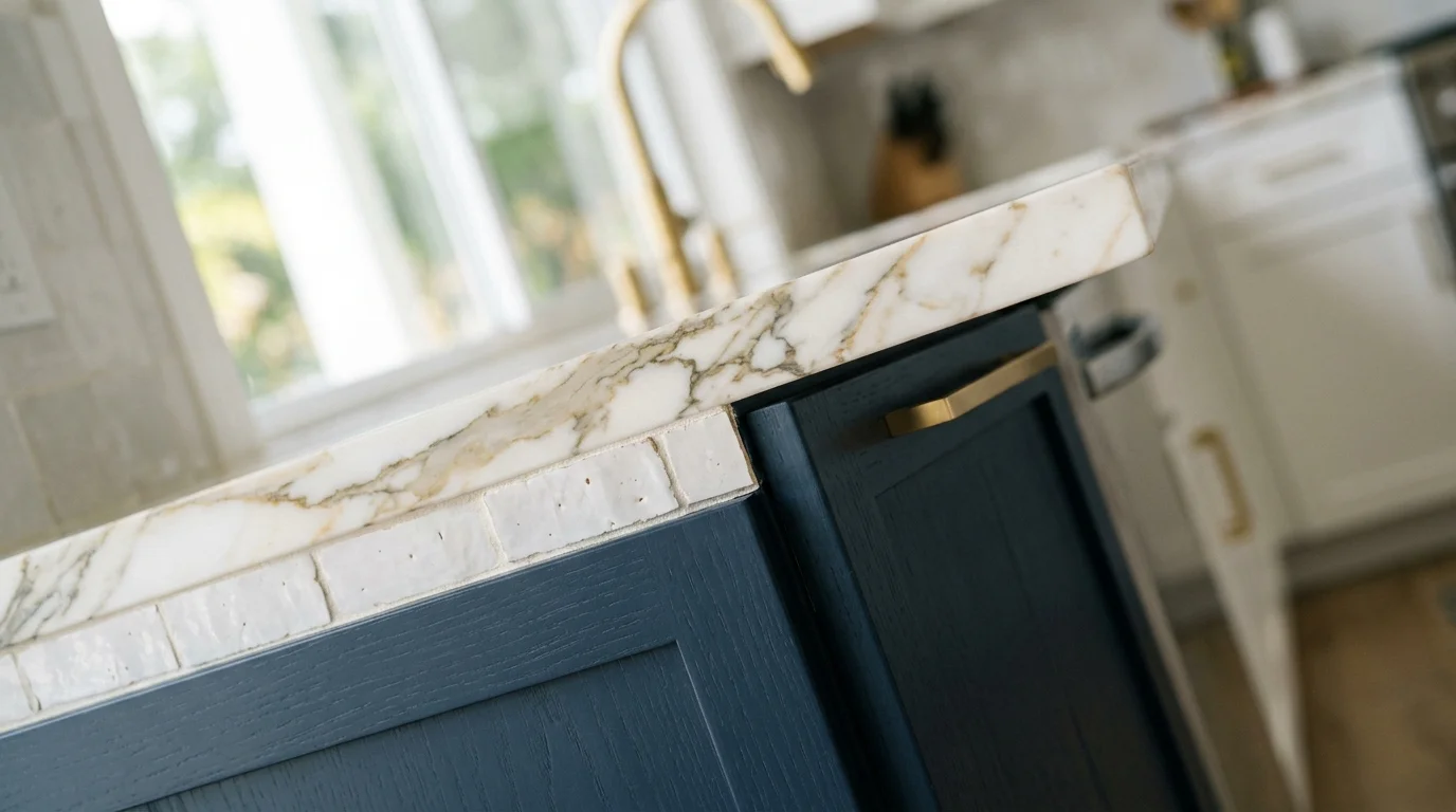 Close-up of quartz countertop edge and cabinet hardware detail in a Lake Park kitchen remodel