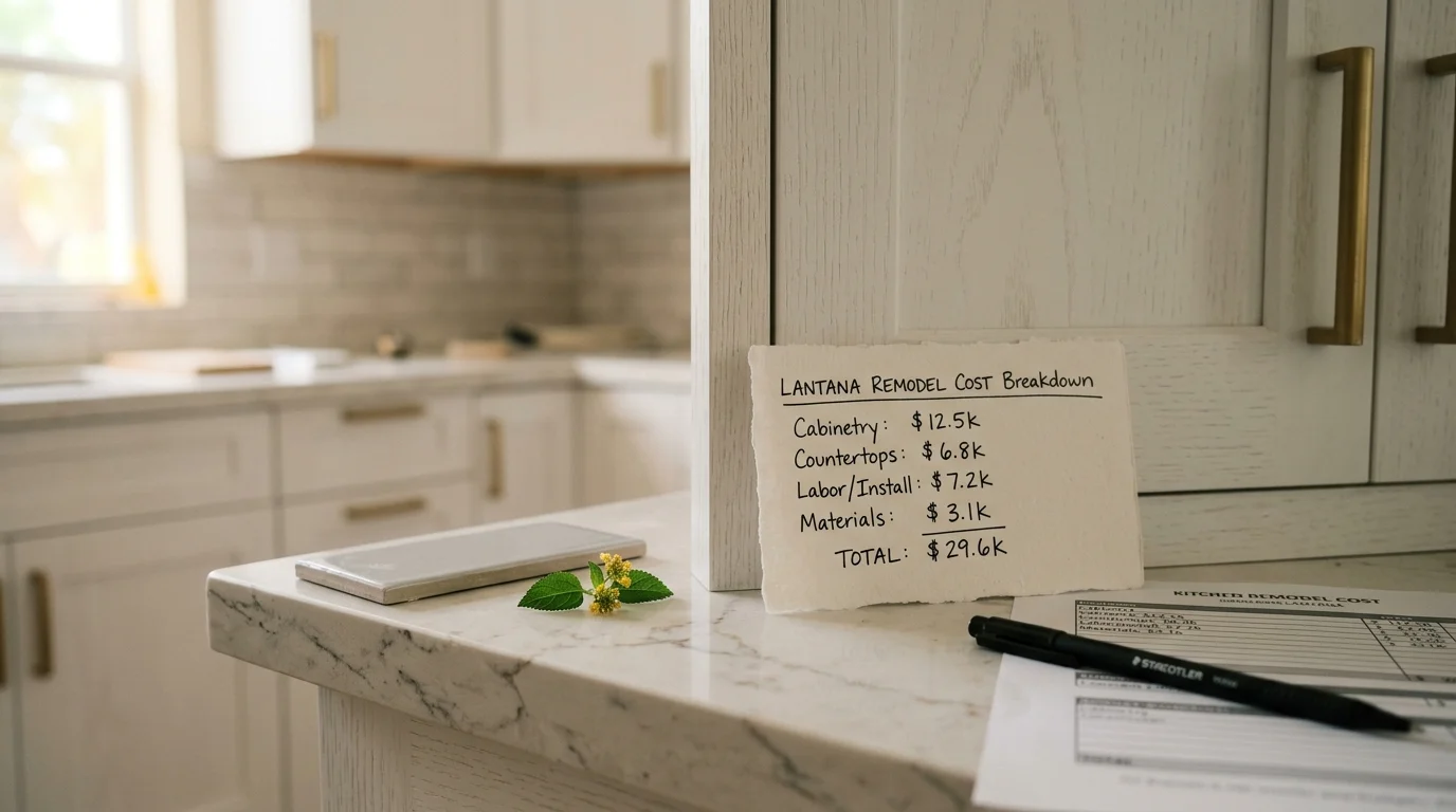 Close-up of quartz countertop and tile backsplash detail in a Lantana kitchen remodel