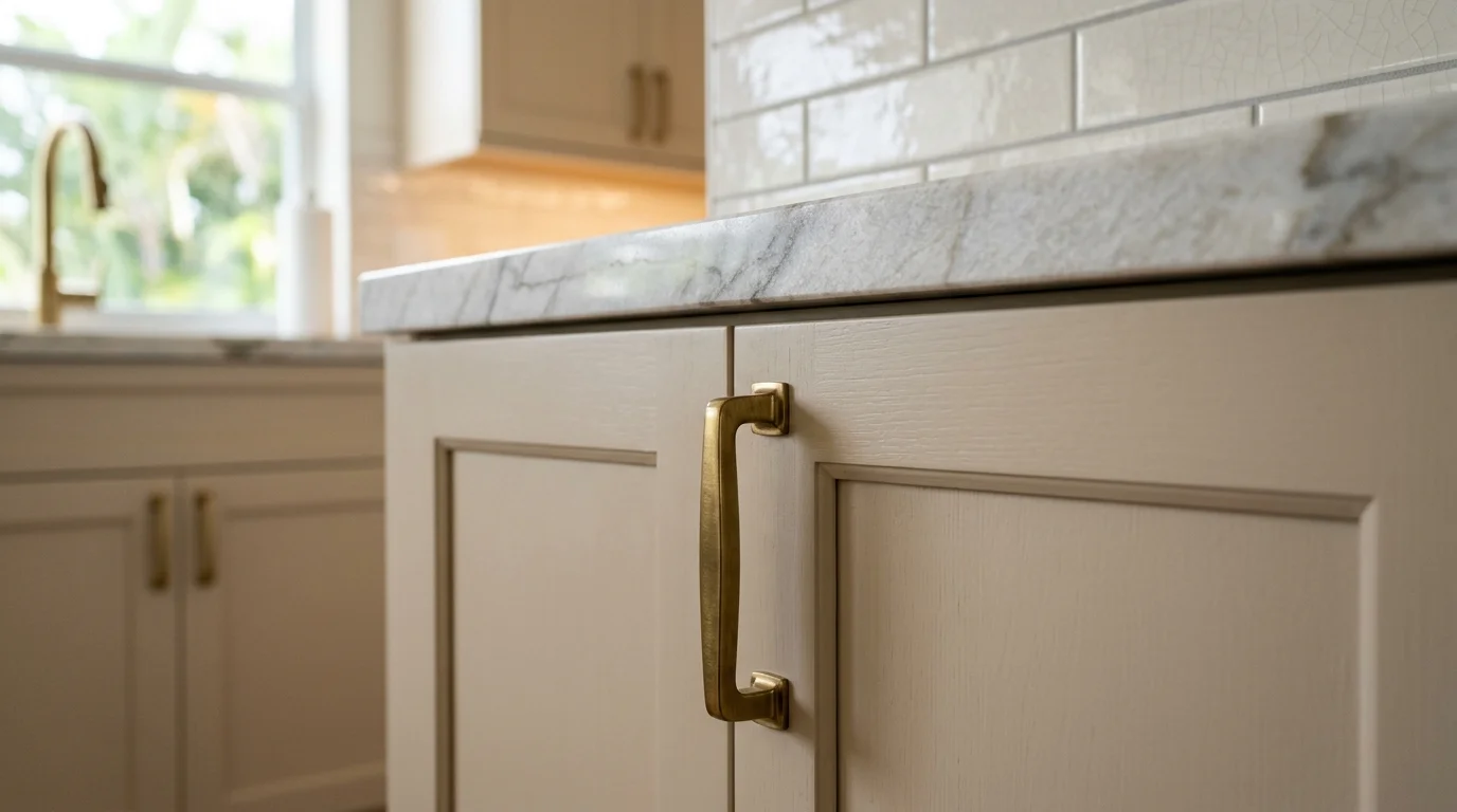 Close-up of quartz countertop edge and custom cabinet hardware in a North Palm Beach kitchen remodel