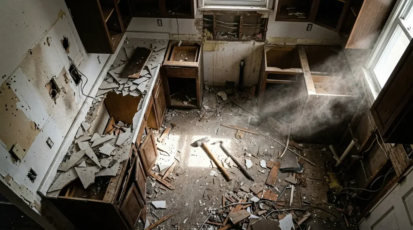 Kitchen stripped to the studs during demolition with debris across the floor