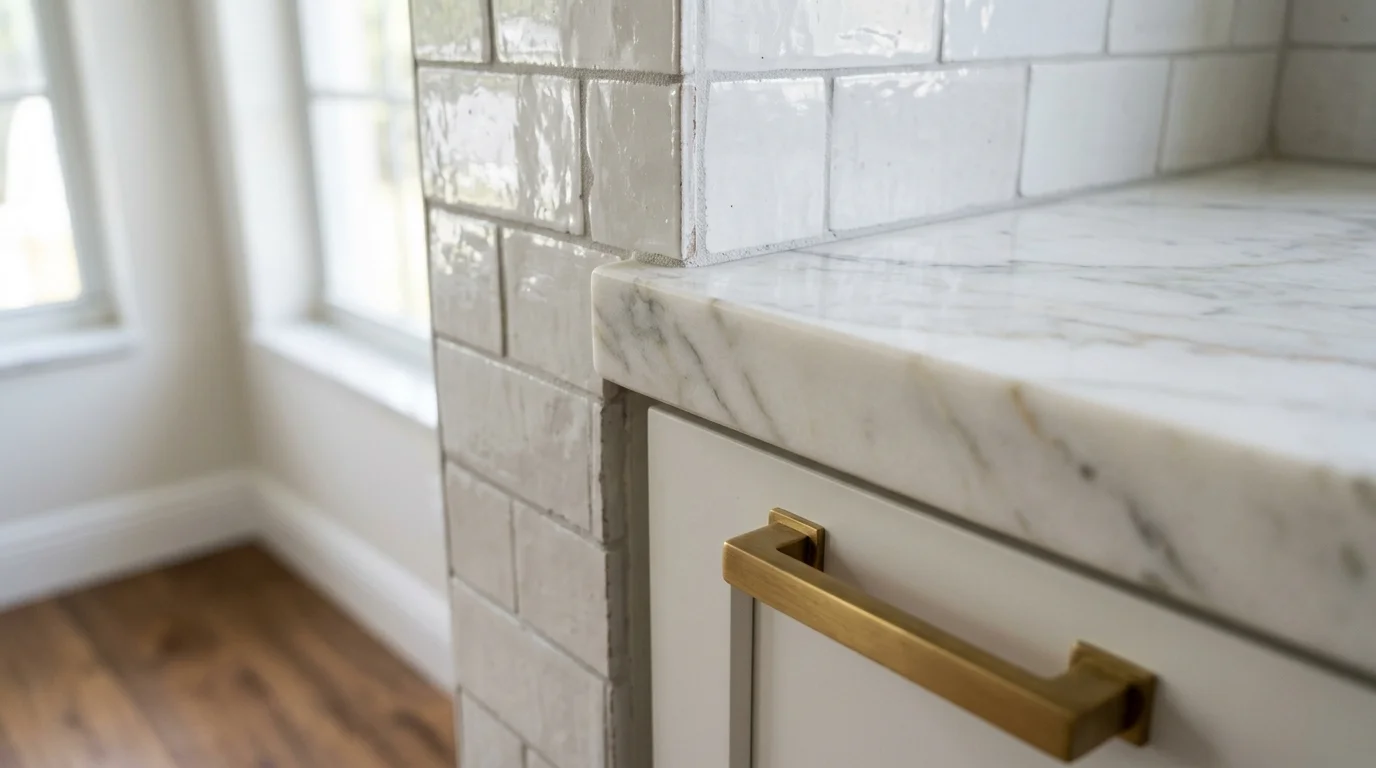 Custom cabinetry and waterfall island countertop detail in a Palm Beach Gardens kitchen renovation