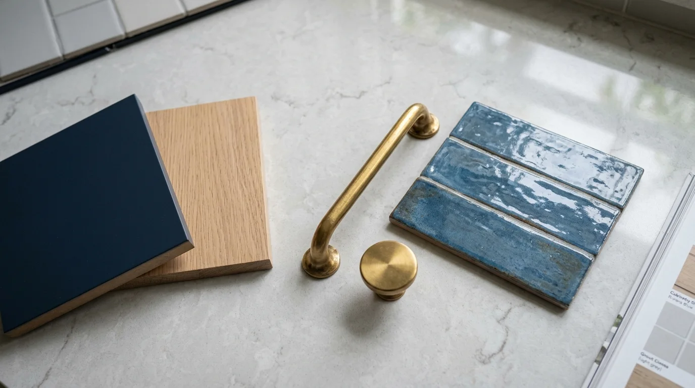 Close-up of quartz countertop edge and cabinet detail in a Riviera Beach kitchen remodel