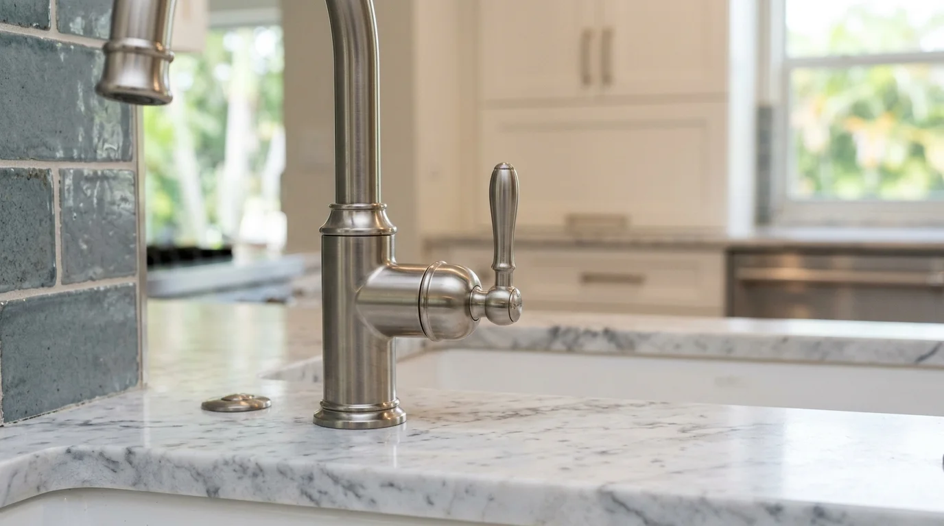 Close-up of quartz countertop and custom cabinet detail in a Palm Beach County kitchen remodel