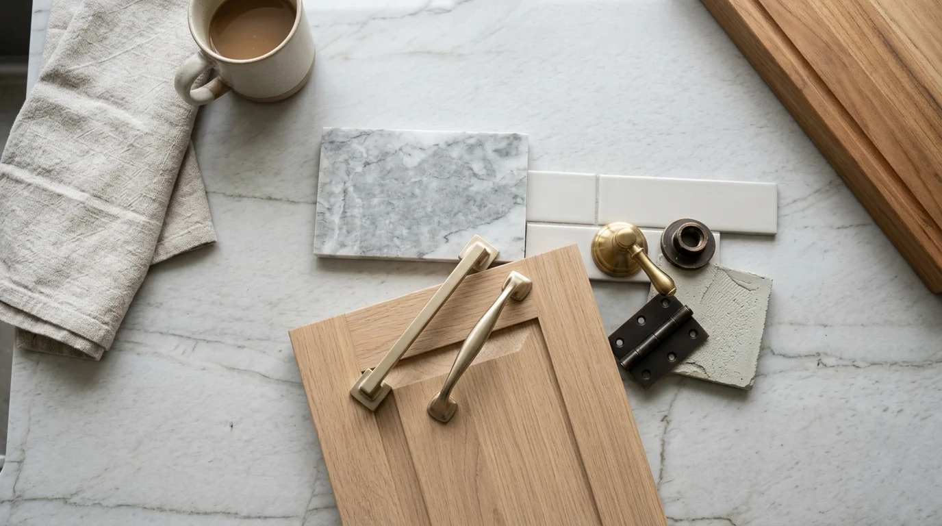 Close-up of quartz countertop and tile backsplash detail in a Tequesta kitchen remodel by South Florida Kitchen and Bath Design