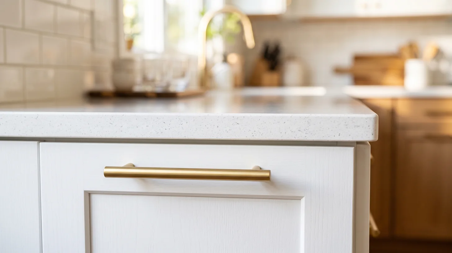 Close-up of quartz countertop edge and custom cabinet detail in Wellington Florida kitchen remodel