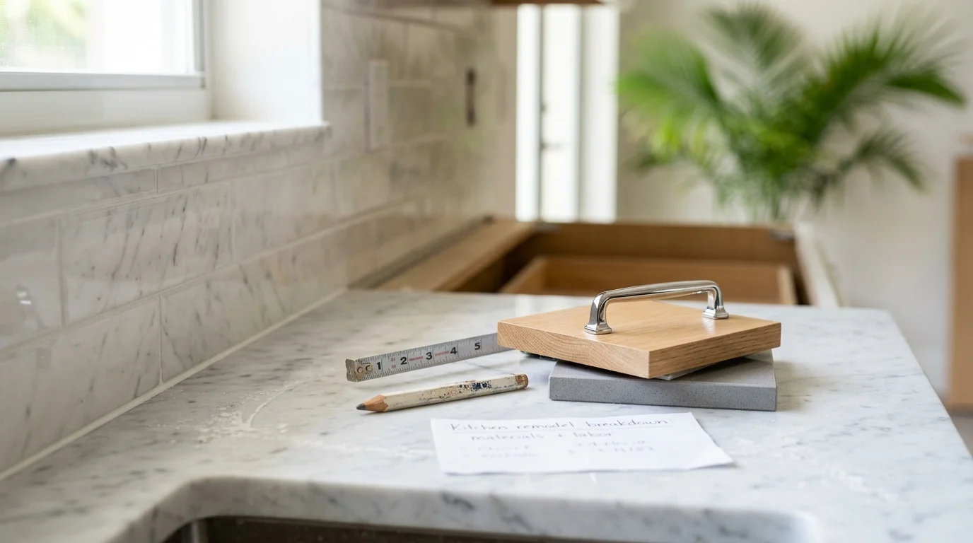 Close-up of quartz countertop edge and cabinet hardware detail in a West Palm Beach kitchen remodel