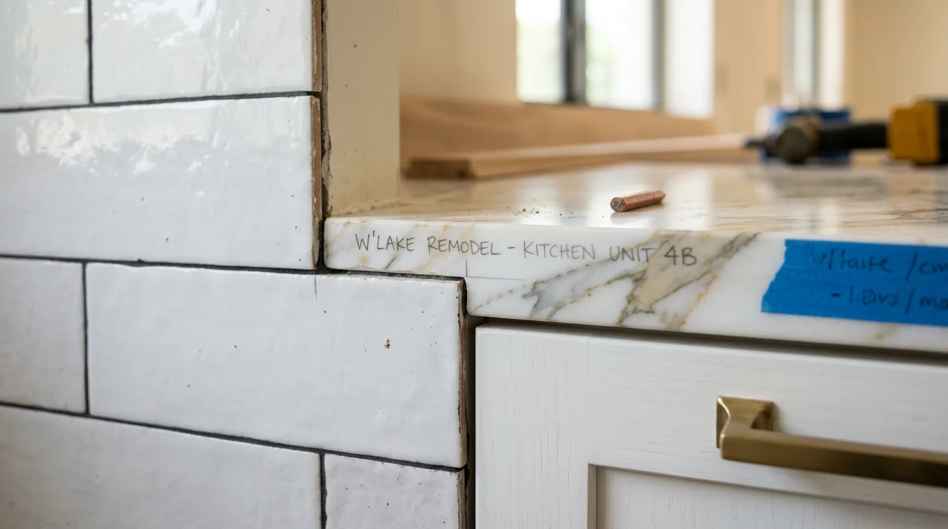 Close-up of quartz countertop and custom cabinet details in a Westlake Florida kitchen remodel