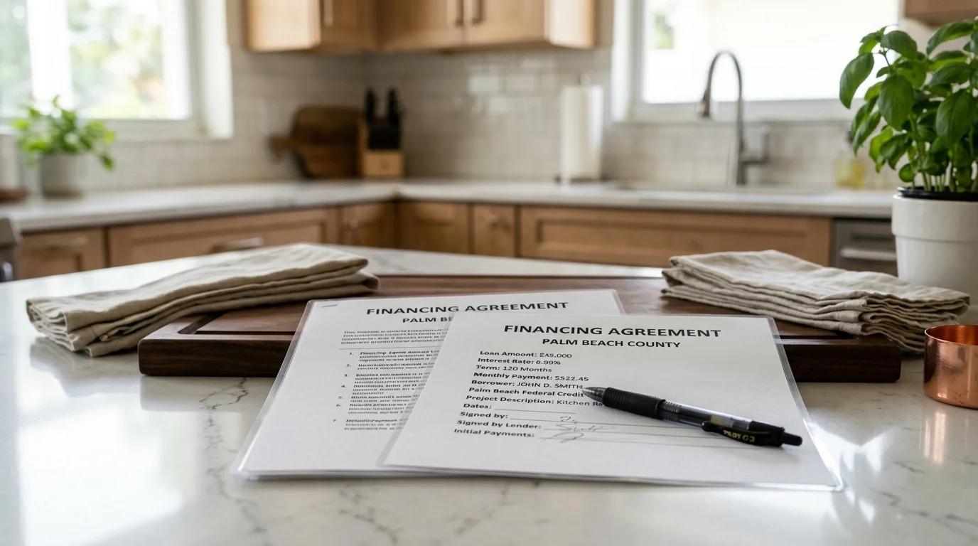 Homeowner reviewing kitchen remodel financing documents at a Palm Beach County kitchen design showroom