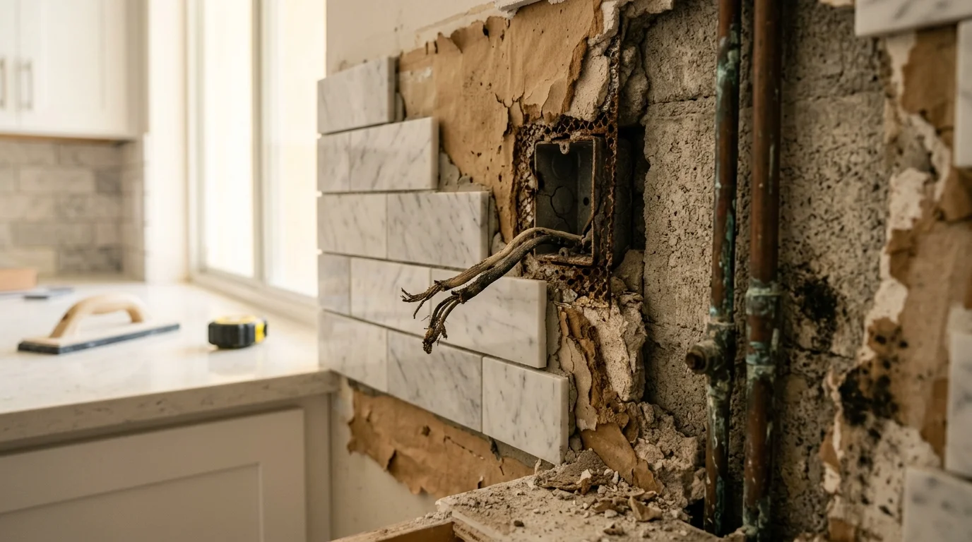 Open kitchen wall revealing old electrical wiring and plumbing that needs upgrading during South Florida remodel