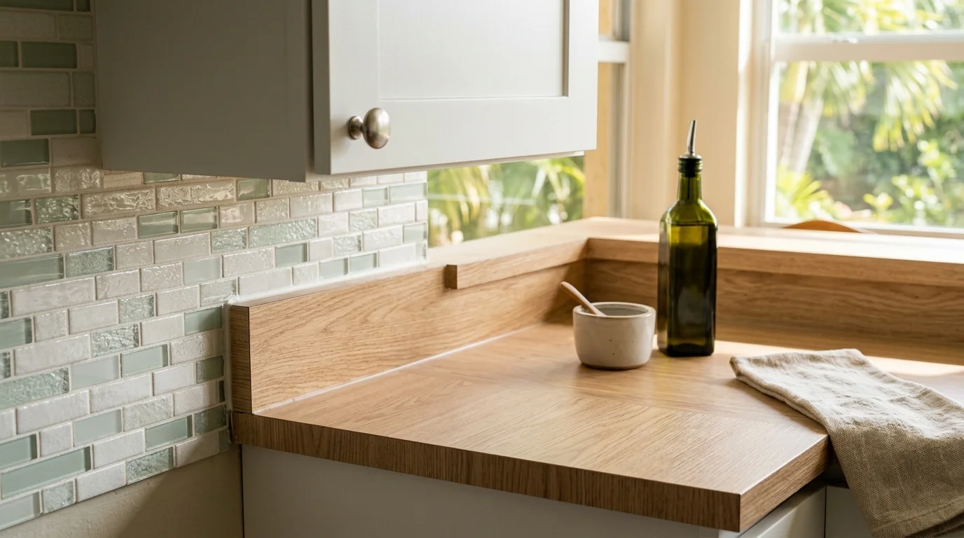 Close-up of refaced kitchen cabinets with new hardware and crown molding detail in Delray Beach home