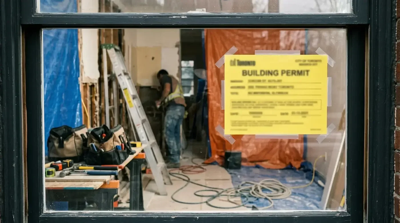 Yellow building permit posted on a window at an active kitchen renovation site