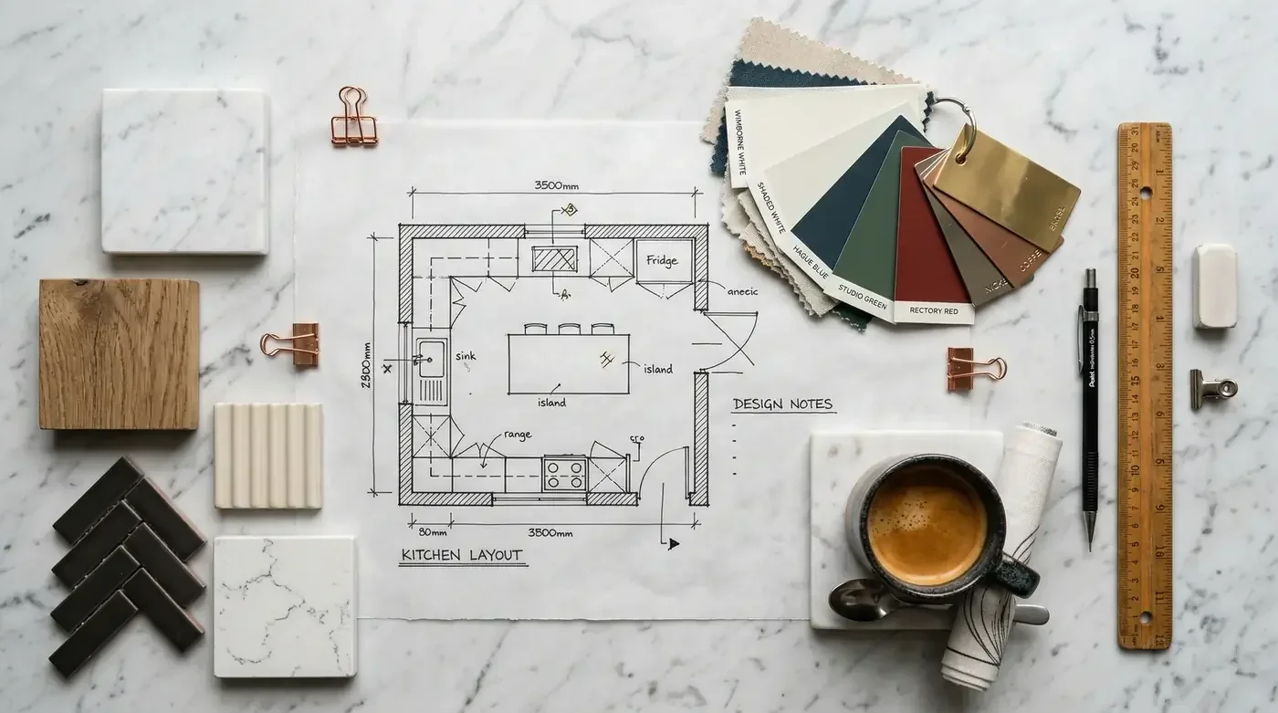 Kitchen floor plan laid out with cabinet door samples, tile samples and a ruler