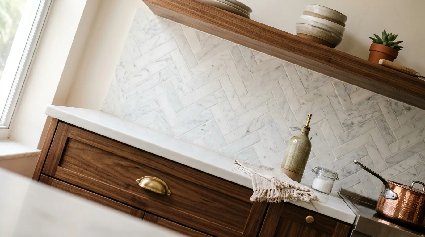 Close-up of open shelving and full-height backsplash tile in a South Florida kitchen without upper cabinets