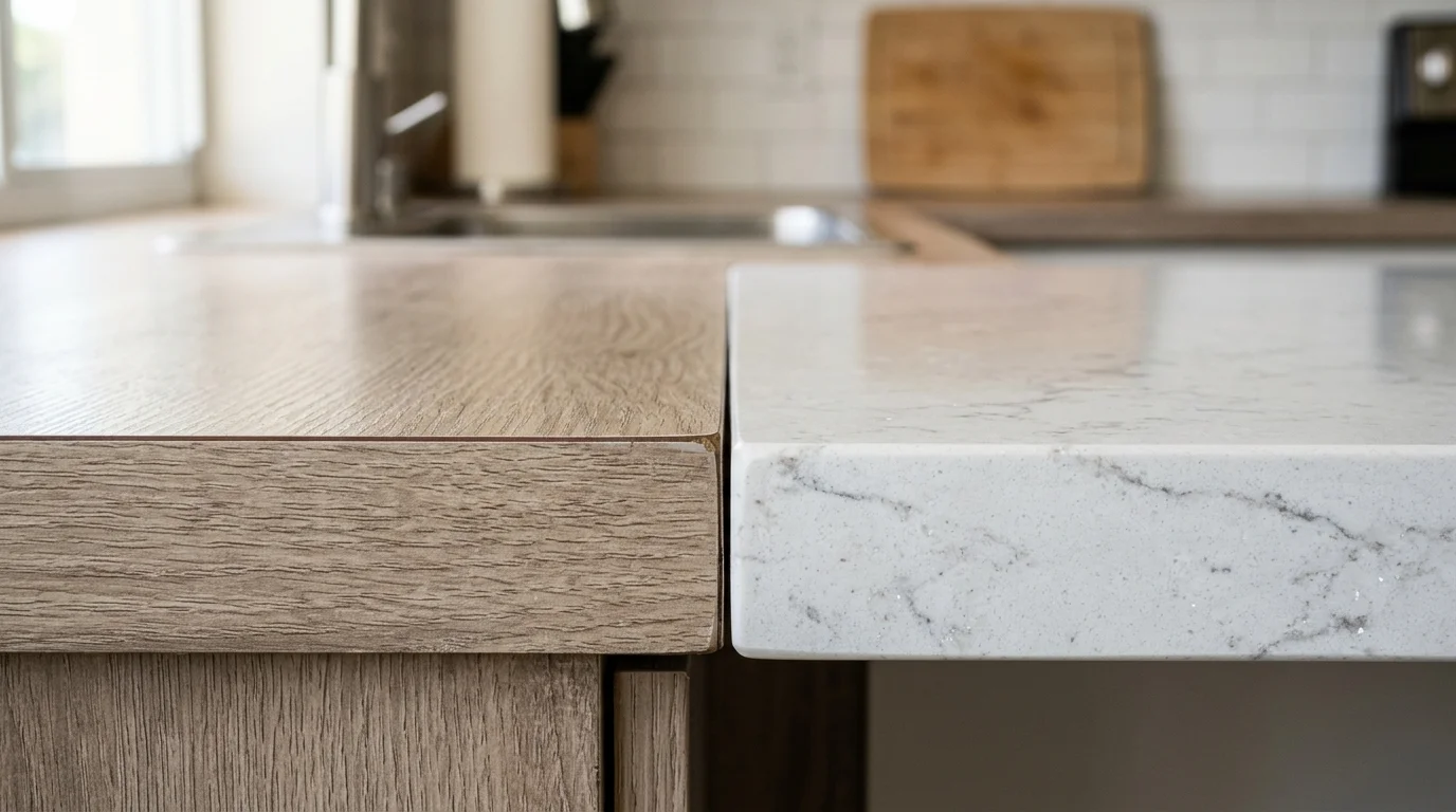 Close-up of quartz countertop edge profile next to laminate surface in a Palm Beach County kitchen remodel