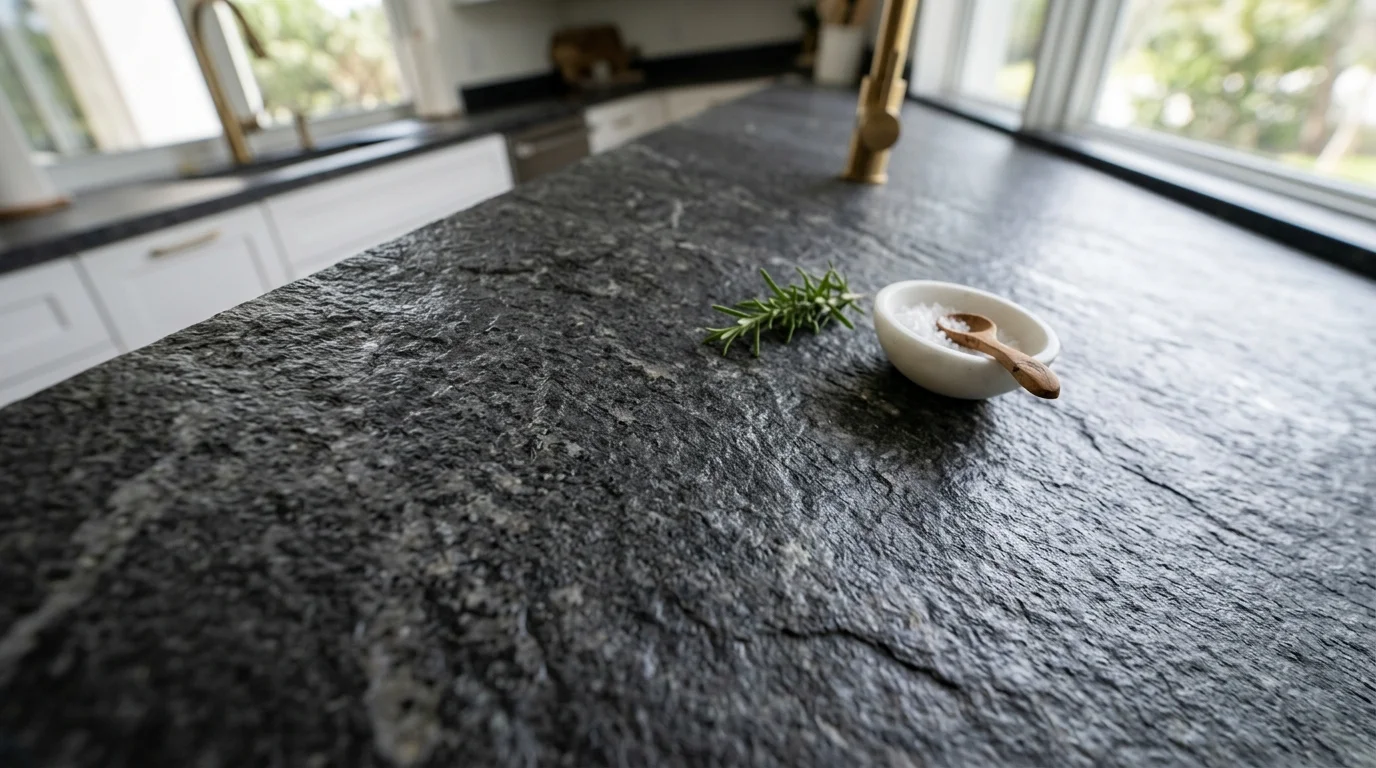 Close-up of leathered granite surface texture showing subtle peaks and valleys compared to a polished granite slab edge