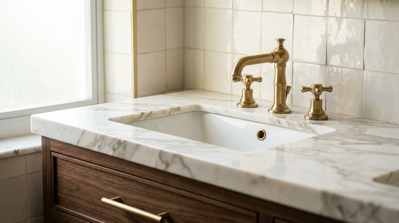 Close-up of custom bathroom vanity with integrated lighting, natural stone countertop, and brass hardware in Palm Beach County luxury home