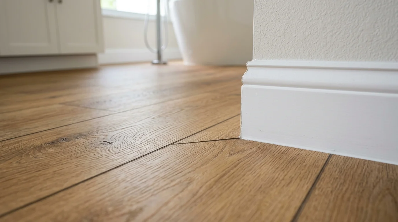 Close-up detail of luxury vinyl plank bathroom flooring showing realistic wood grain texture and waterproof surface