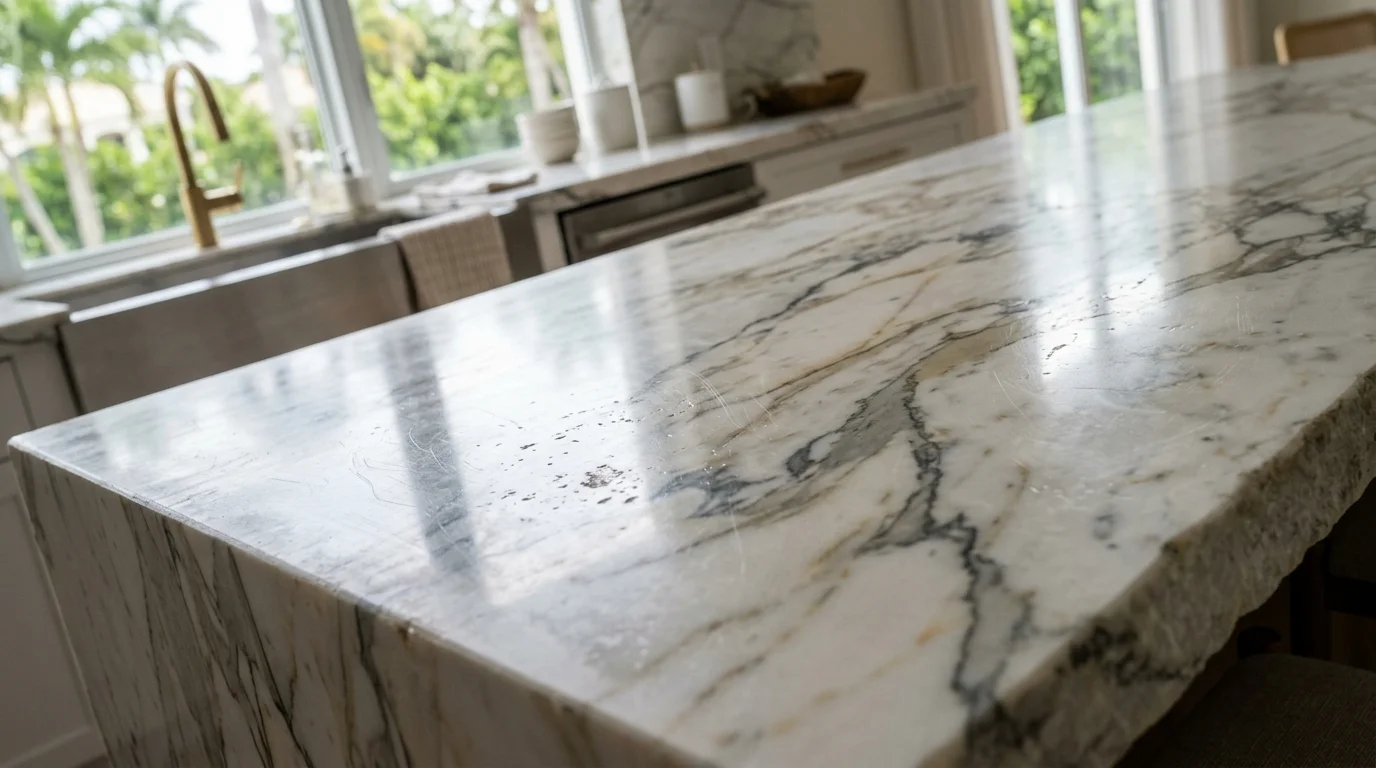 Close-up of marble countertop surface showing veining and honed finish in a Palm Beach County kitchen remodel