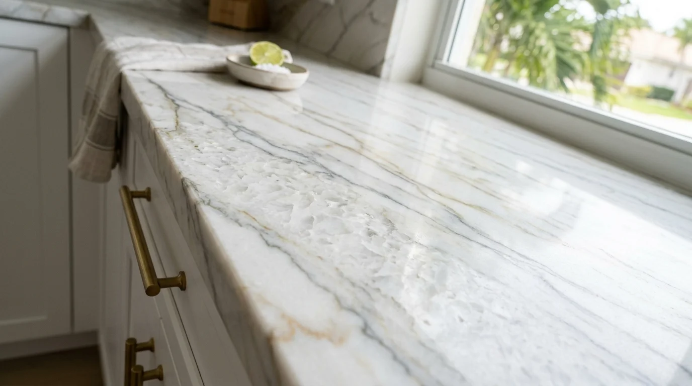 Close-up of marble look quartzite slab surface showing soft cream veining and natural stone texture
