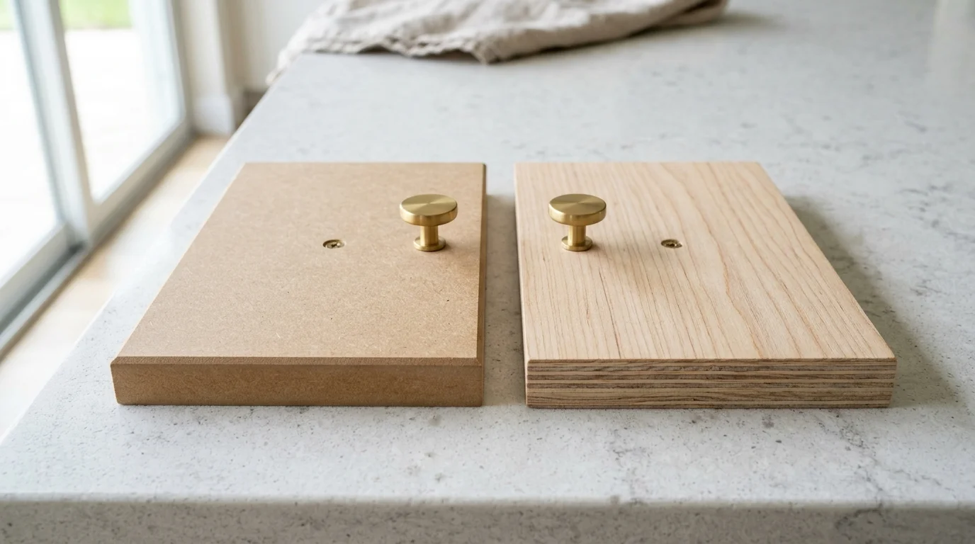 Close-up of plywood cabinet box construction versus MDF panel showing wood grain and material layers