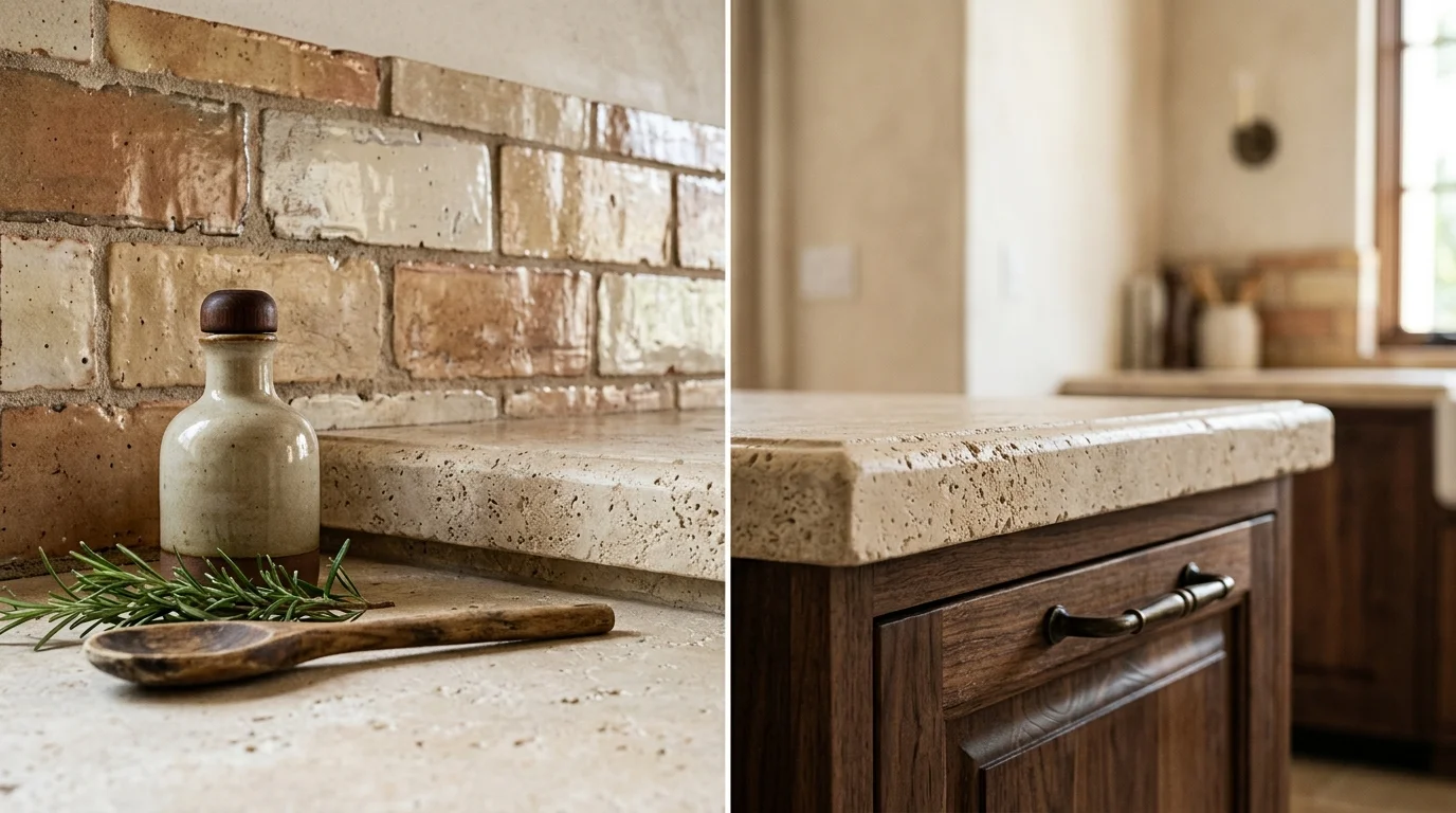 Close-up of ornate bronze cabinet hardware and hand-painted ceramic tiles in Mediterranean kitchen design