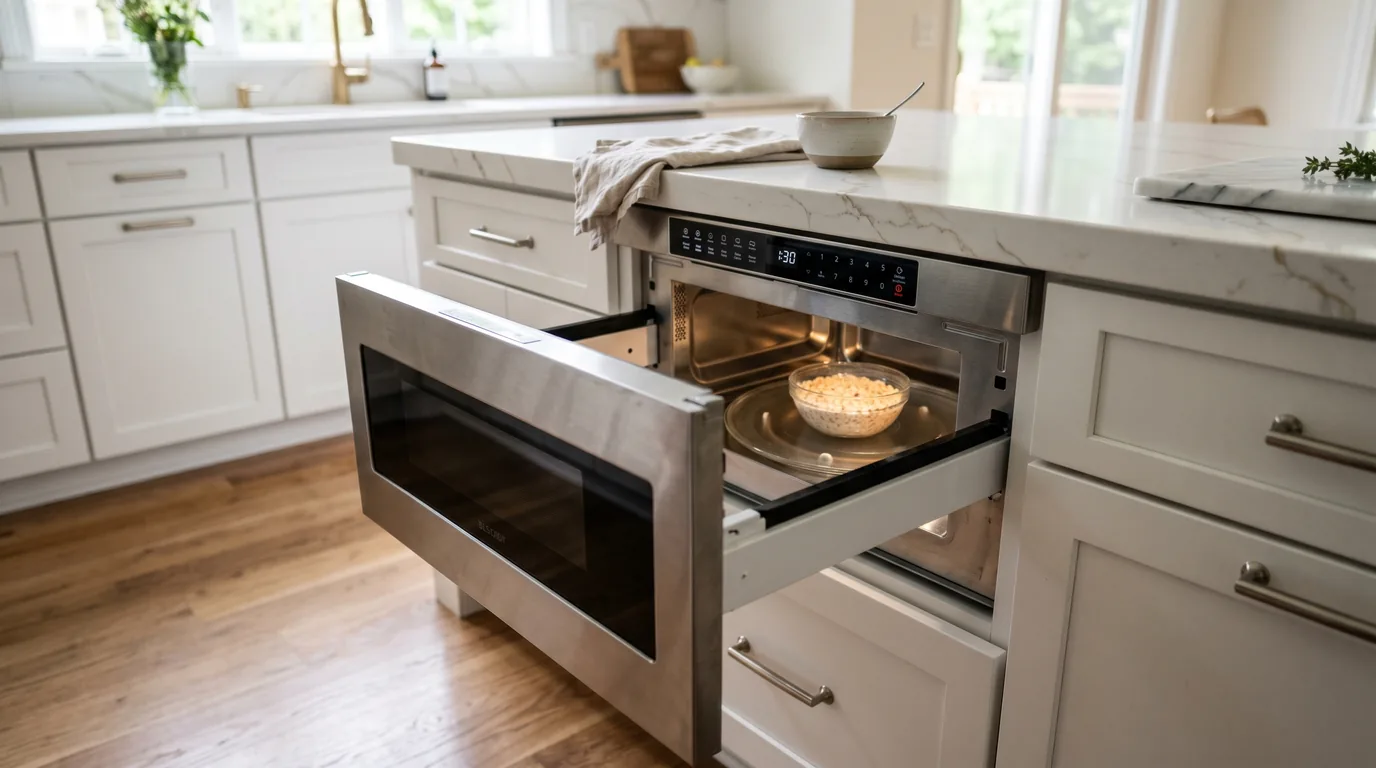 Close-up view of microwave drawer open showing ergonomic access and clean lines in contemporary kitchen design
