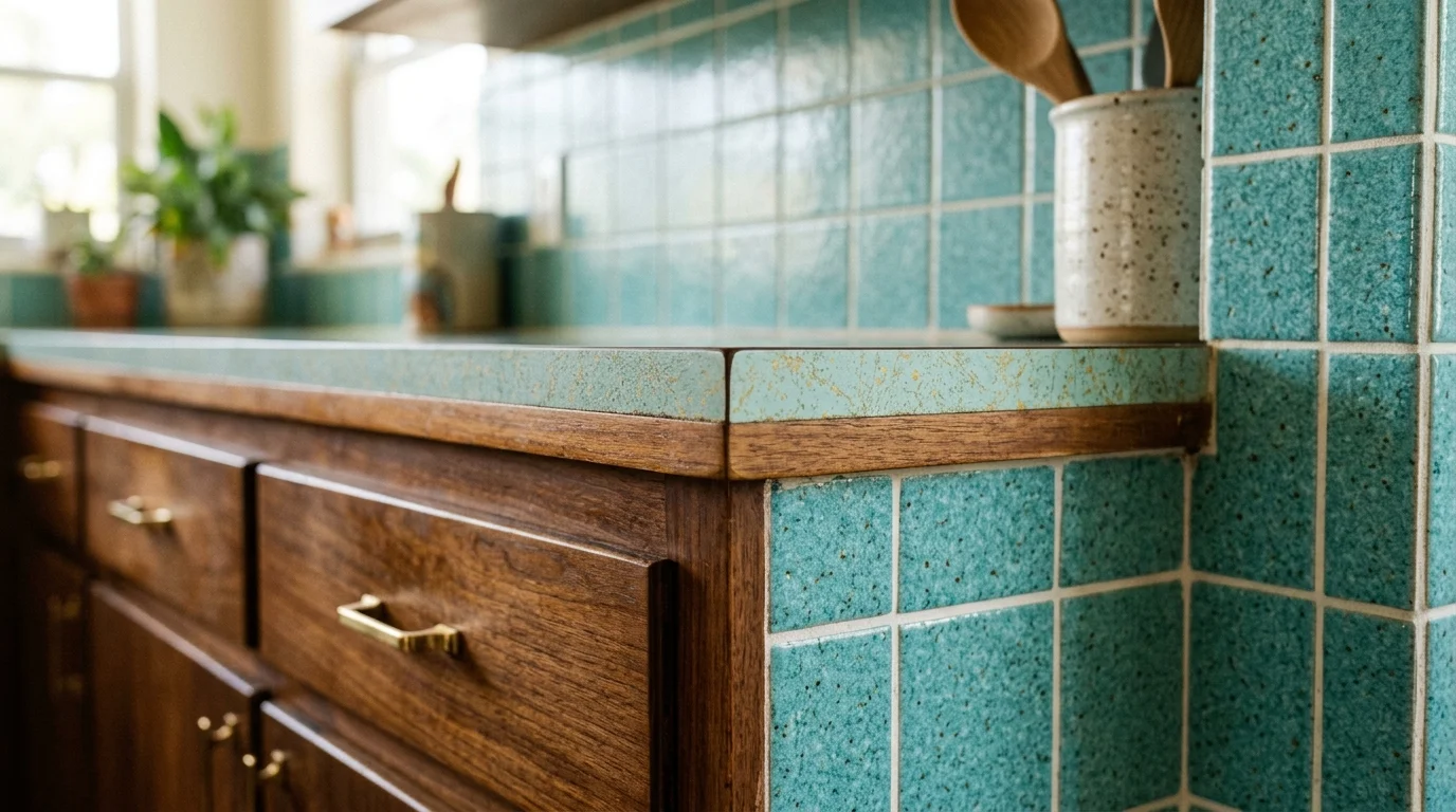 Close-up of mid-century modern kitchen cabinet hardware featuring brass pulls and geometric patterns on flat panel doors
