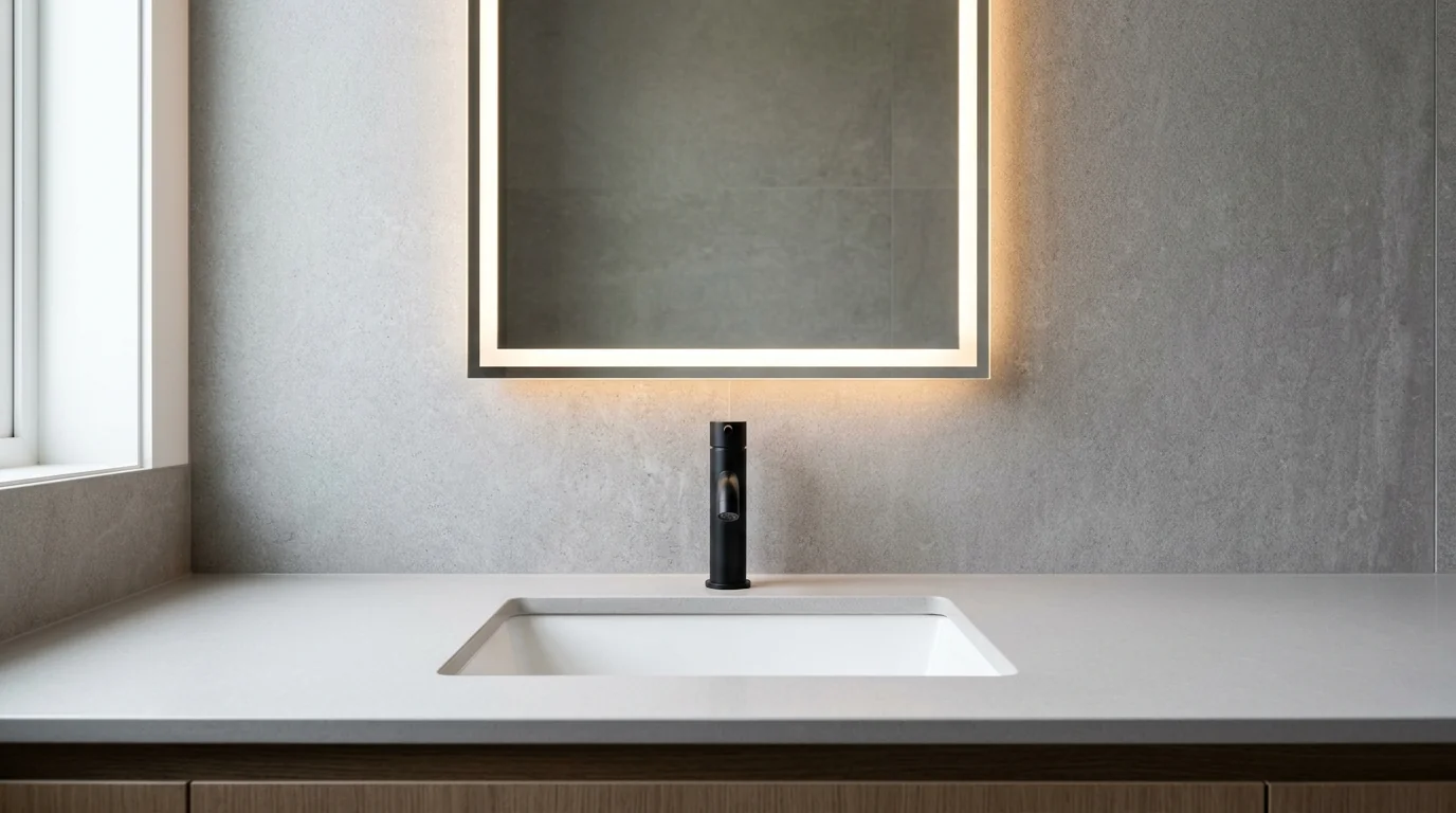 Close-up of modern bathroom featuring smart mirror with integrated lighting and sleek matte faucet hardware