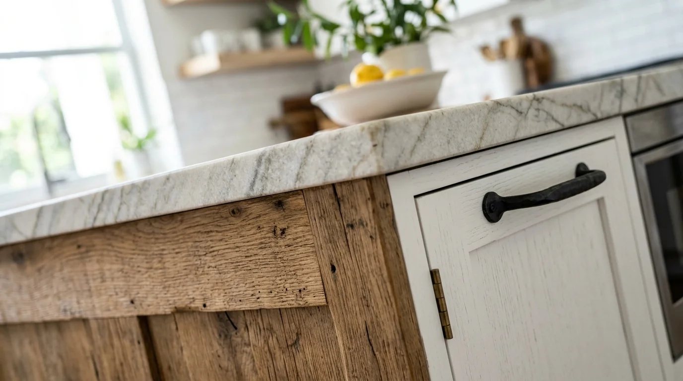 Close-up of modern farmhouse kitchen details showing white subway tile backsplash, black hardware, and butcher block countertops
