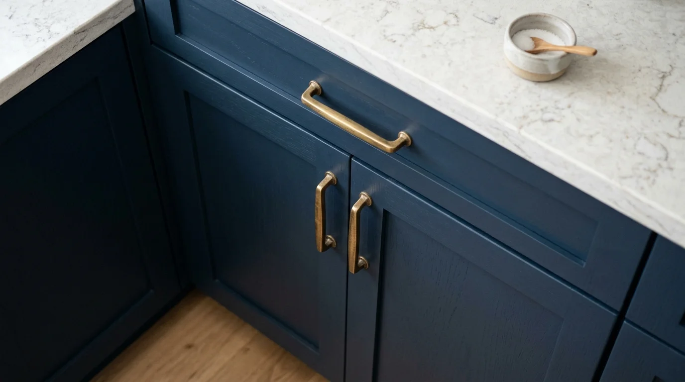 Close-up detail of navy blue shaker cabinet doors with brass pulls and white subway tile backsplash