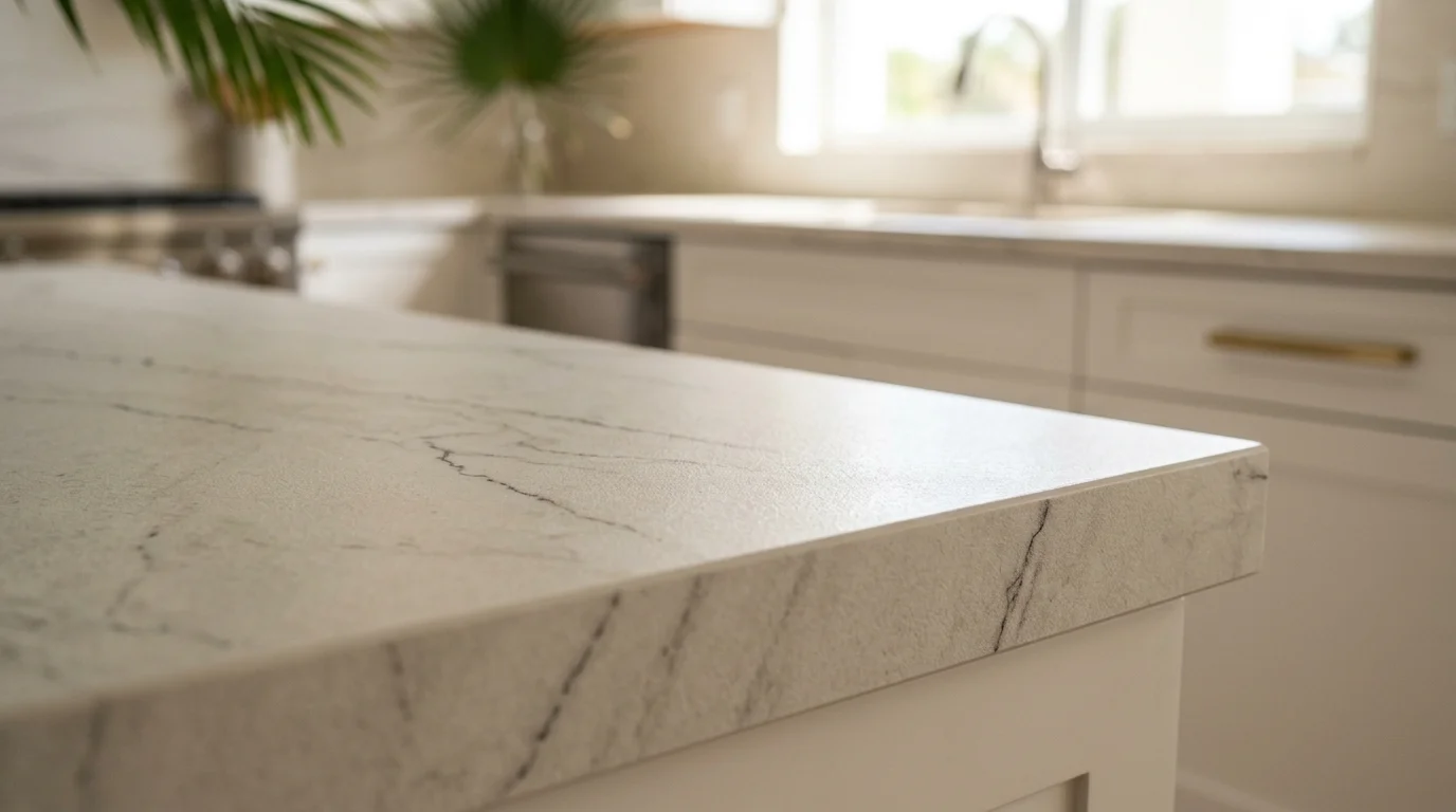 Close-up of Neolith countertop surface showing ultra-compact sintered stone texture in a Palm Beach County kitchen