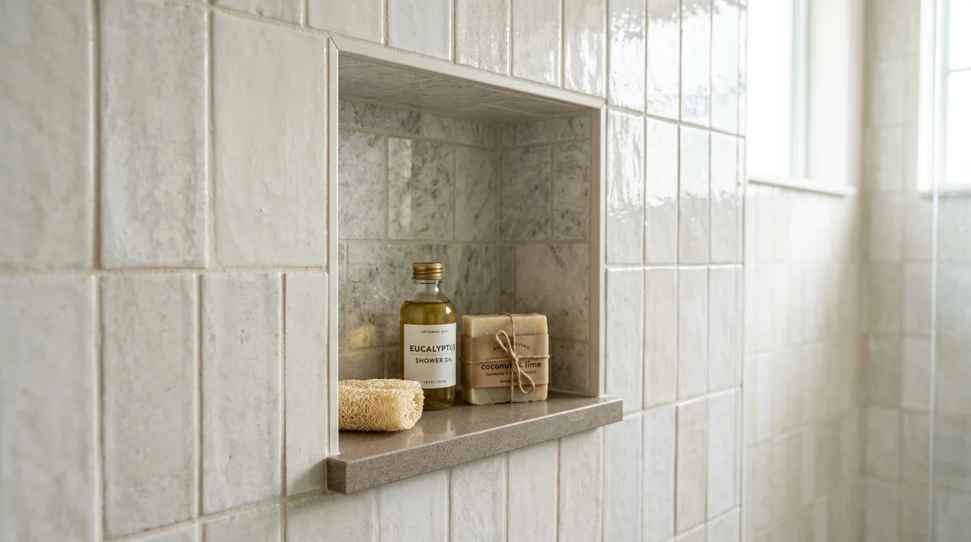 Close-up of double shower niches with decorative tile accent and waterproof membrane installation detail