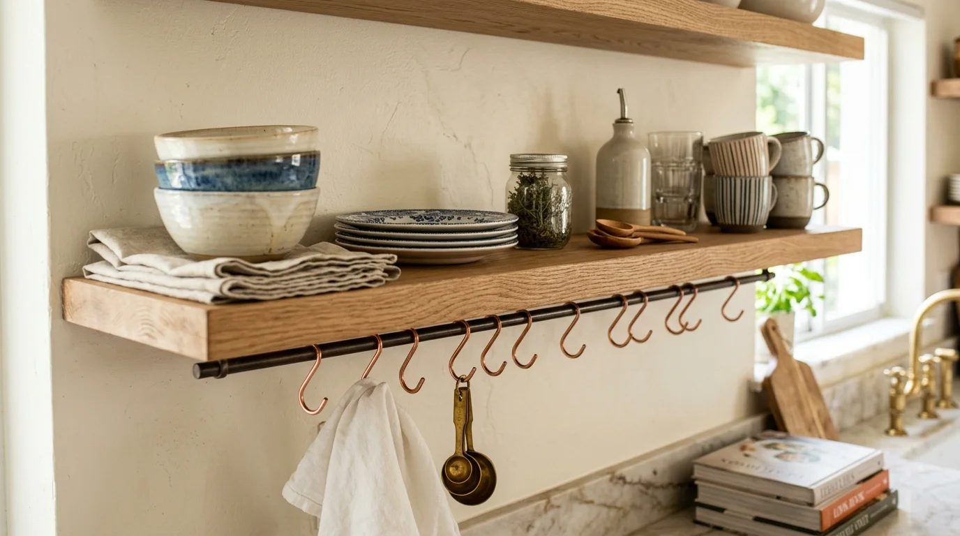 Close-up of styled open kitchen shelves with ceramic bowls, plants, and glassware in South Florida home interior